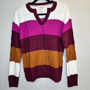 NWT St. John's Bay Women's Multicolor Cable Knit Pullover Sweater Split Neck M